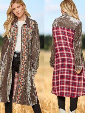 Savanna Jane Taupe Crushed Velvet Embroidered Plaid Duster Jacket